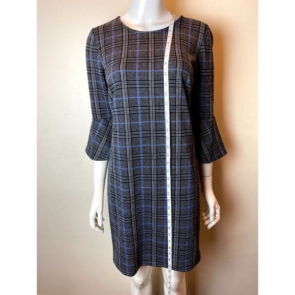 Tacera Womens Check Shift Dress Bell Sleeves Back Zip Black Blue Size Small - Picture 3 of 6